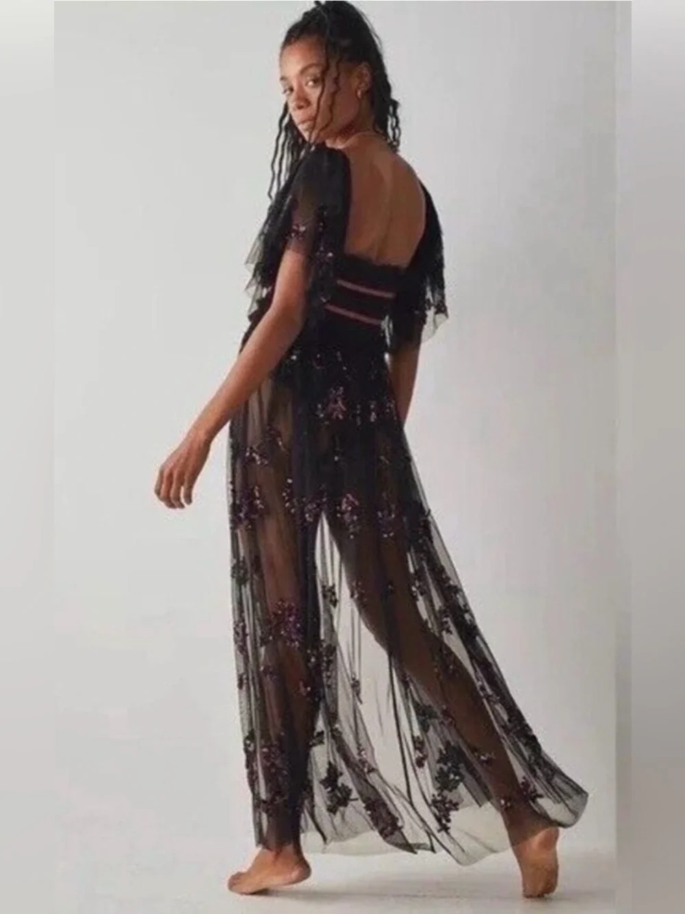 Free People Just A Dream Maxi Bodysuit Black Sequin Sheer Mesh Dress Size Small - Picture 9 of 16